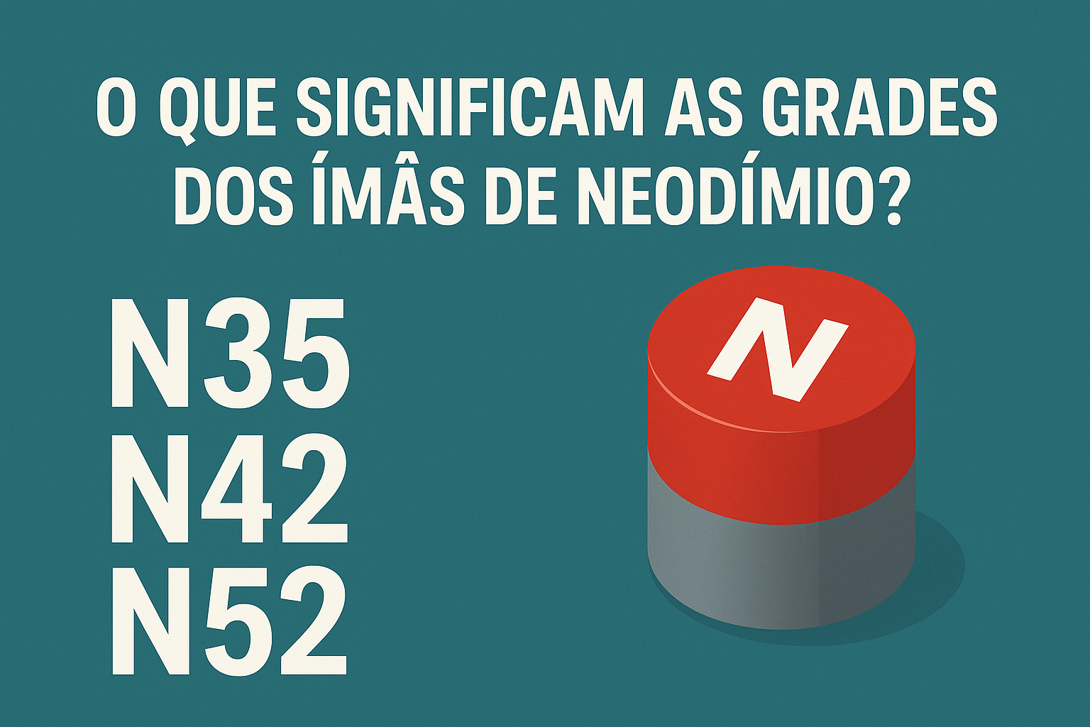 Ilustração mostrando o grau dos imas, N35, N42 e N52 com destaque visual, representando diferentes níveis de força magnética.