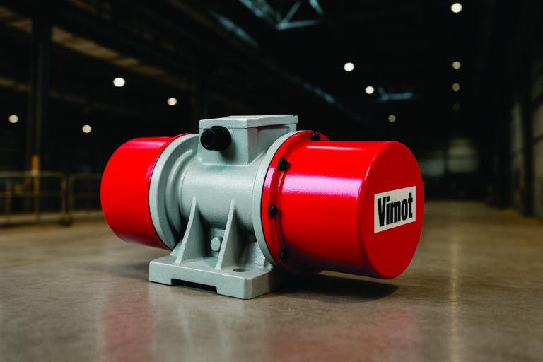 Motovibrador industrial posicionado em fábrica, equipamento usado para vibração em processos de peneiramento e silos.