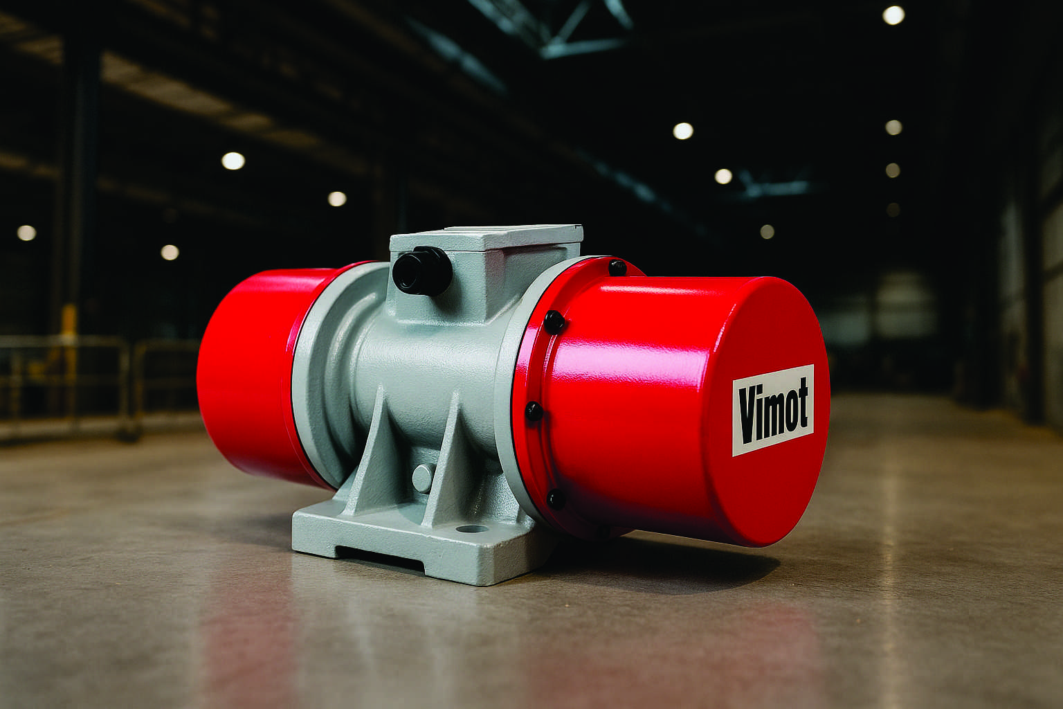 Motovibrador industrial posicionado em fábrica, equipamento usado para vibração em processos de peneiramento e silos.